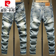 皮爾卡丹（pierre cardin）復古機車針織牛仔褲男做舊拼接彈力修身小腳褲韓版水洗休閑長褲男 藍色 30