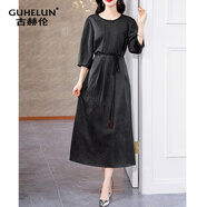 古赫倫（GUHELUN）品牌花羅香云紗連衣裙女2025夏新款復古優(yōu)雅媽媽桑蠶絲中式裙子 黑色 L