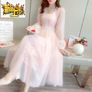 初徑仙女裙新款大尺碼收腰顯瘦溫柔風(fēng)V領(lǐng)氣質(zhì)蕾絲網(wǎng)紗連衣裙夏超仙 粉紅色 3017 S