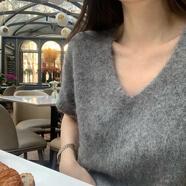 創(chuàng  )京懿選水貂毛短袖毛衣女款羊駝絨Suli alpaca氣質(zhì)長(cháng)毛短袖V領(lǐng)毛衣女針織 深灰色 S