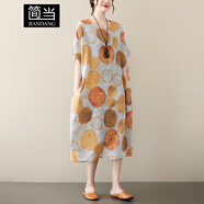 簡當(dāng)大碼女裝胖MM夏季復(fù)古圓點印花文藝度假風(fēng)過膝中長款連衣裙子8360 桔色 均碼 【185斤以下】