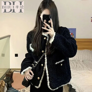 半繪黑色毛絨小香風(fēng)外套女春秋冬季設(shè)計(jì)感小眾炸街外套春秋款女上 黑色【加厚】 加絨 3XL 建議145160斤