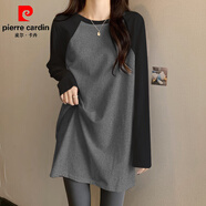 皮爾卡丹（pierre cardin）長(cháng)袖t恤女搭配鯊魚(yú)褲的上衣春秋冬新款遮屁股中長(cháng)款包臀衛衣內搭 灰拼黑(磨毛款)-純色 2XL 145-180斤