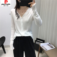 皮爾卡丹（pierre cardin）超細薄款精紡純羊毛針織開(kāi)衫女外套新款V領(lǐng)空調寬松長(cháng)袖毛衣上衣 白色 2XL
