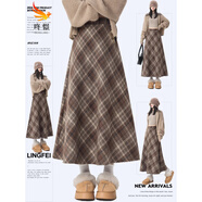 咚憬復古毛呢格子半身裙女2025秋冬新款高腰顯瘦加厚今年流行a字長(cháng)裙 咖格 L