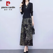 皮爾卡丹早春新款拼接彈力假兩件2025裙子?jì)寢審椓z氣質(zhì)時(shí)尚減齡連衣裙 黑花-假兩件連衣裙 XL 建議尺碼：90斤-105斤