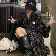 FSHE茶歇法式黑色碎花連衣裙女款2025年新款春季小個(gè)子氣質(zhì)超好看短裙 黑色 XL 120-130斤