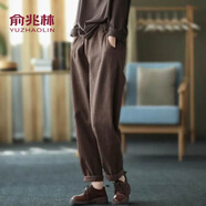 俞兆林休閑褲女2021新款全棉加厚褲子休閑褲女冬季松緊腰加絨哈倫褲純色外穿長褲 咖啡色 XL（建議115-130斤）