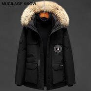 MUCILAGEKNOW情侶極寒中長款羽絨服男女大毛領(lǐng)潮流鵝保暖外套男戶外工裝派克服 黑色-男款 2XL （建議160-170斤）