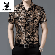 花花公子（PLAYBOY）男裝短袖襯衫男冰絲燙金中年男士夏季新款休閑印花抗皺襯衣男 22709黑色 4XL 58適合175-200斤