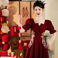 麗佰昕2025新款敬酒服新娘結(jié)婚訂婚法式高級(jí)感氣質(zhì)酒紅色禮服裙回門服冬 酒紅色長(zhǎng)款 M 建議90-100斤