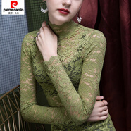 皮爾卡丹（pierre cardin）2024秋冬立領(lǐng)蕾絲打底衫女網(wǎng)紗修身冬季高領(lǐng)洋氣小衫女裝加絨上衣 果綠色 常規(guī)款 L