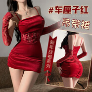 霏慕情趣內衣女睡衣性感套裝角色扮演制服誘惑短裙秘書(shū)服女仆戰袍少婦 6198蕾絲拼接復古褶皺【吊帶裙+褲 袖套新年紅】