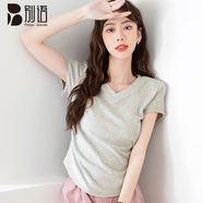別語(yǔ)修身t恤女夏季新款收腰正肩顯瘦內(nèi)搭V領(lǐng)短袖上衣 灰色 L 