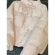 蕾絲拼接羽絨棉服外套女裝年新款冬季韓系粉色蝴蝶結系帶棉衣 粉 S