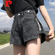 皮爾卡丹（pierre cardin）側(cè)拉鏈高腰牛仔短褲女春夏寬松2025年新款顯瘦字母外穿闊腿熱褲潮 黑灰色今年流行的輕奢品牌 M