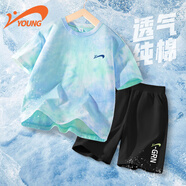 貴人鳥童裝男童夏套裝2025新款男大童休閑短袖t恤兒童夏季運(yùn)動(dòng)服 藍(lán)綠/G貴人鳥藍(lán)K-黑/JG綠白英文 150