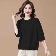 恒源祥（HYX）春夏裝純棉七分袖女T恤寬松休閑百搭糖果色素色外搭圓領(lǐng)上衣 黑色【純色純棉】 3XL 建議145-165斤