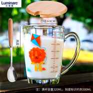 樂美雅（Luminarc）玻璃杯帶把鋼化玻璃杯耐高溫家用早餐杯牛奶杯帶手柄喝水杯 竹蓋+勺/刻度小獅子[鋼化玻 320ml