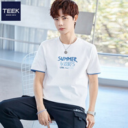 TEEK時尚假兩件短袖t恤男生休閑衣服 青少年純棉上衣2025夏季男裝體恤 C0S1513白藍色 M