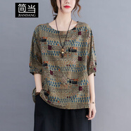 簡(jiǎn)當(dāng)夏裝胖MM加大碼女裝寬松上衣文藝復(fù)古民族風(fēng)休閑圓領(lǐng)印花T恤2176 圖片色 XXL 【170-190斤】