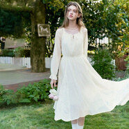 樂(lè )町拼接重工蕾絲長(cháng)袖連衣裙女裝25年春季新款松緊腰寬松顯瘦長(cháng)裙 云霧白（現貨） M