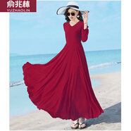 俞兆林（YUZHAOLIN）新款春夏V領(lǐng)女長(zhǎng)袖純色沙灘度假雪紡連衣裙修身顯瘦飄逸大擺長(zhǎng)裙 酒紅色 L [建議105-115斤