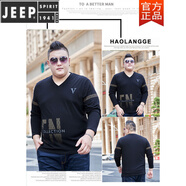JEEP SPIRIT春秋新款肥佬長袖T恤潮流寬松加肥加大碼男裝潮胖子V領(lǐng)打底衫純棉 黑色 A款 2XL -推薦160-190斤