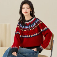 金菊新年紅品100%綿羊毛秋冬新款圓領(lǐng)民族風(fēng)毛衣女羊毛衫 紅色 L 