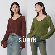 速品SUPIN女裝復古V領(lǐng)鉤花針織衫通勤百搭休閑長(cháng)袖套頭毛衫 G15淺軍綠 M