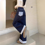 衣然呈品字母刺繡蝴蝶結格子拼接牛仔褲女春秋新款高腰闊腿直筒長(cháng)褲子女褲 藍色 M 【建議90-100斤】