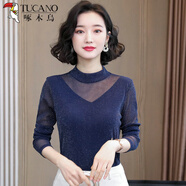 啄木鳥(niǎo)春裝2025新款女T恤韓版蕾絲衫長(cháng)袖網(wǎng)紗上衣大碼女裝半高領(lǐng)打底衫 輕薄6601寶藍色 V形銀絲立 領(lǐng) 薄 XL (90斤-115斤)