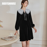 ROEYSHOUSE羅衣法式減齡娃娃領連衣裙2025春季新款絲絨黑色魚尾裙11469 黑色 S