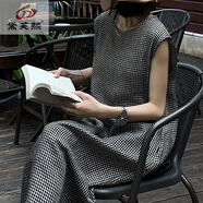 黛芙熙日韓風(fēng)棉麻格子背心長(zhǎng)裙女夏季新款寬松大碼簡(jiǎn)約休閑無袖連衣裙 格紋 L 【105-125斤】