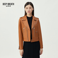深呼吸DEEP BREATH女裝綿羊皮翻領(lǐng)拉鏈機(jī)車皮衣夾克外套女A400158 焦橙 S (2碼)