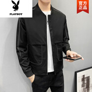 花花公子（PLAYBOY）外套薄款2025春秋季新款韓版潮流休閑帥氣百搭上衣翻領(lǐng)男士夾克 JK168-黑色 XL 建議110-130斤
