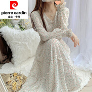 皮爾卡丹（pierre cardin）文藝風碎花裙雪紡連衣裙長裙春季韓版仙女裙荷葉邊大擺裙針織 淺粉小花853-4 L 100-114斤