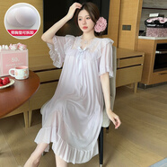 貝逸芙帶胸墊睡裙女夏季短袖莫代爾網(wǎng)紗甜美宮廷公主風(fēng)可外穿睡衣家居服 2333#裙【帶胸墊】(紫色) 2XL