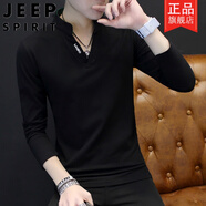 吉普（JEEP）短袖t恤V領(lǐng)男士t恤長袖純棉上衣服秋季小衫2025秋裝T恤潮流衛(wèi)衣 T02黑色 L