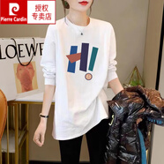 皮爾卡丹（pierre cardin）歐貨寬松純棉長(cháng)袖磨毛t恤女打底衫2025秋季新款中長(cháng)款內搭上衣ins 白色中長(cháng)款長(cháng)袖 S 80-100斤