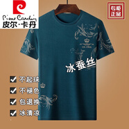 皮爾卡丹高檔男裝桑蠶絲短袖t恤男士夏季新款寬松休閑半袖冰|絲光棉體恤 哈青 2XL 180建議150-165斤