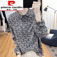 皮爾卡丹（pierre cardin）韓系純棉長(cháng)袖襯衫女2024春春夏翻領(lǐng)數碼印花減齡上衣亞麻打底衫襯 深灰藍 XL (建議120-135斤)
