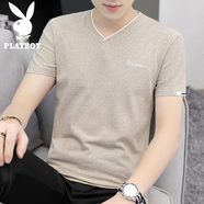 花花公子（PLAYBOY）短袖t恤男v領(lǐng)夏季純色韓版休閑冰絲男士上衣百搭潮牌打底衫短袖男 卡其 3XL