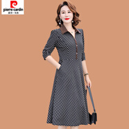 皮爾卡丹（pierre cardin）新款媽媽秋季連衣裙時(shí)尚洋氣50歲中老年女春秋長(cháng)袖襯衫領(lǐng)裙子顯瘦 黑白色 XL (參考90-105斤)