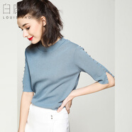 白鹿語(yǔ)春秋簡(jiǎn)約五分袖針織衫釘珠裝飾修身半袖針織上衣女 藍(lán)灰色 XL