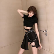 咔斑爵士舞服裝女套裝性感蹦迪女裝套裝夏露臍上衣帥氣酷女孩哥特風(fēng)純 上衣+彈力短褲+腿環(huán)+半邊裙+腰帶 L