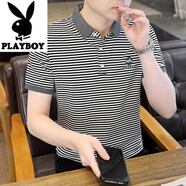 花花公子（PLAYBOY）夏季2025新款翻領(lǐng)條紋polo衫短袖t恤男裝休閑有領(lǐng)上衣服半袖T恤男 1025黑色 M 165