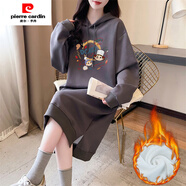 皮爾卡丹（pierre cardin）中長(cháng)款過(guò)膝長(cháng)袖連衣裙女秋季2025新款寬松慵懶風(fēng)開(kāi)叉連帽衛衣裙子 900-3-深灰色(加絨加厚) 3XL (建議170-190斤)