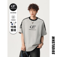 OEMG 美式街頭撞色印花短袖t恤男夏季新款潮牌寬松重磅純棉五分袖體恤 淺灰色 2XL [建議140-160斤]