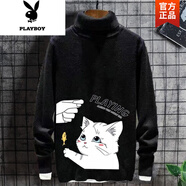 花花公子（PLAYBOY）加絨加厚高領(lǐng)毛衣男秋冬款韓版修身百搭男士套頭打底針織衫潮男裝 款薄(黑色)逗貓毛衣 款薄 XL (180) 125-145斤(修身版型)